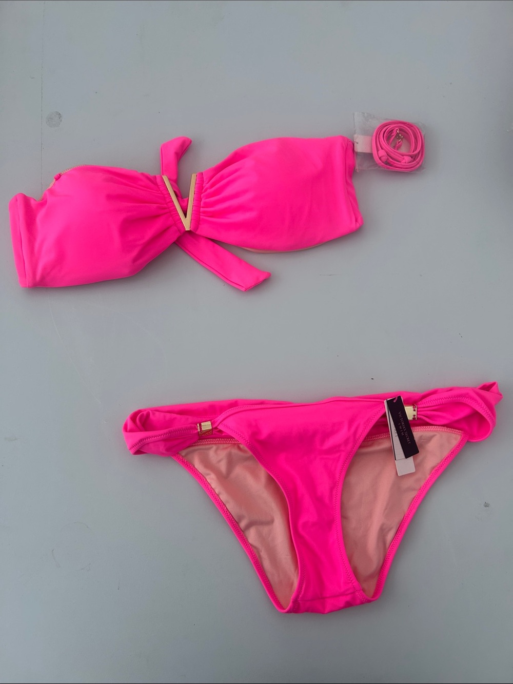 NWT Victorias Secret 2 pc Neon Pink Halter XL Top /L Bikini Bottom Swimwear